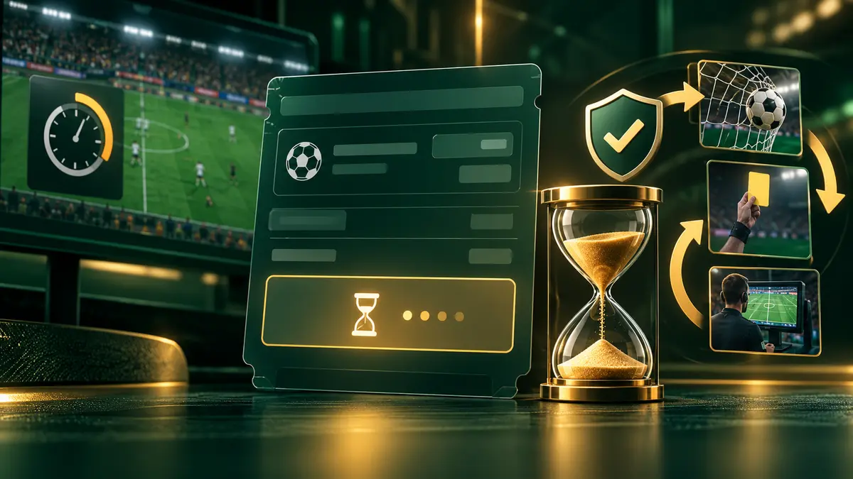 Pending sports bet slip beside a match clock and review arrows