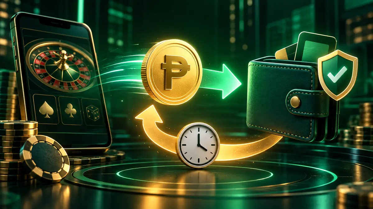 Casino withdrawal arrow returning to a peso wallet