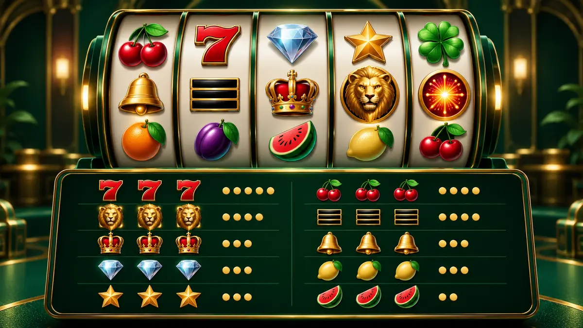 Slot paytable guide with cherry, seven, BAR, WILD and SCATTER symbols
