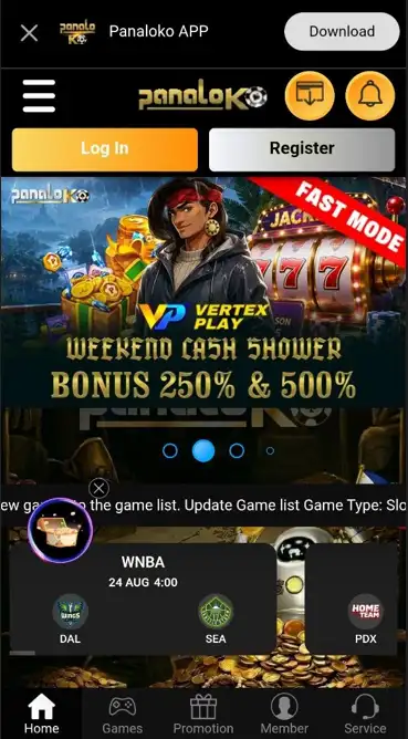 Panaloko mobile casino interface showing login, registration, promotion, games and navigation