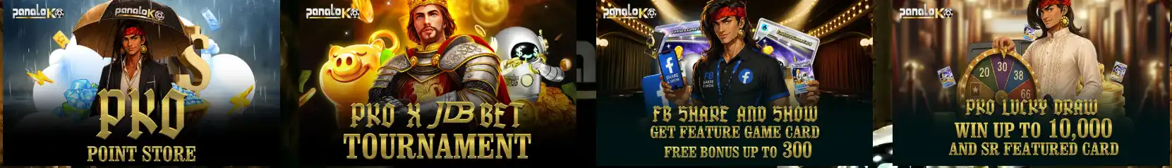 Panaloko promotional selection advertising a point store, tournament, featured game card and draw