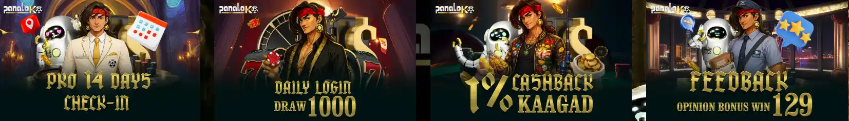 Panaloko promotional selection advertising check-in, daily login, cashback and feedback rewards