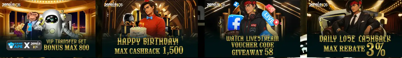 Panaloko promotional selection advertising VIP transfer, birthday, livestream and loss cashback offers