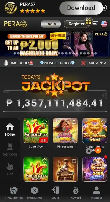 Pera57 mobile casino interface showing jackpot balance, game tiles and bottom navigation