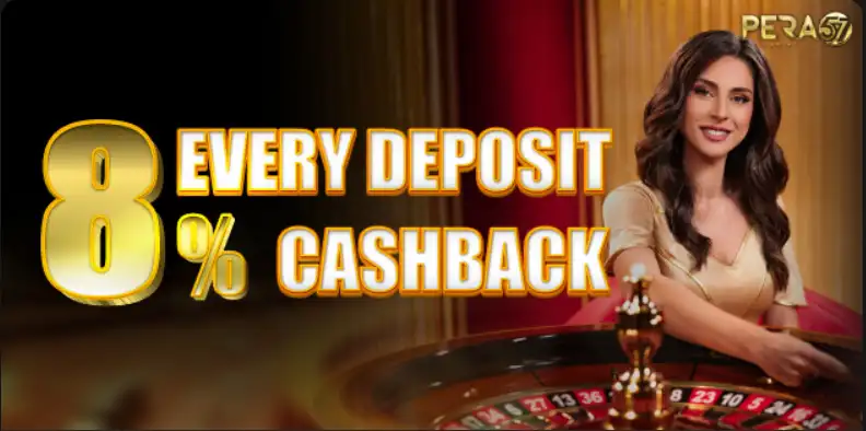 Pera57 promotion advertising 8% cashback on every deposit