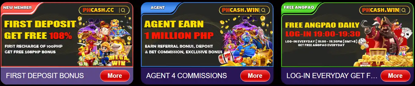 PHCASH promotions for a 108 percent first deposit bonus, agent commissions and daily Angpao