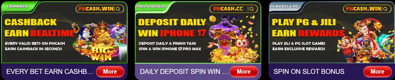 PHCASH realtime cashback, daily deposit prize spin and PG and JILI slot rewards