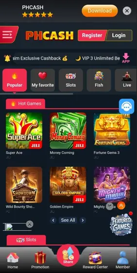PHCASH mobile casino interface showing game categories, slot titles and account navigation