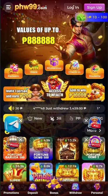 PHW99 mobile casino interface showing promotions, provider filters, game tiles and cashier navigation