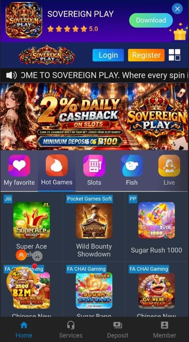 Supplied Sovereign Play mobile screenshot showing a cashback banner, game categories and game tiles