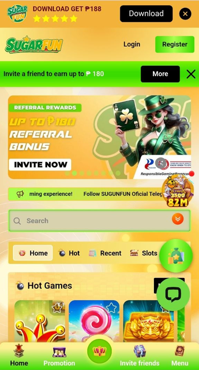 Supplied Sugar Fun screenshot showing promotions, navigation and game tiles