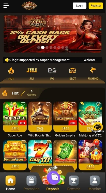 Super Royale mobile lobby showing a cashback banner, game categories and game tiles